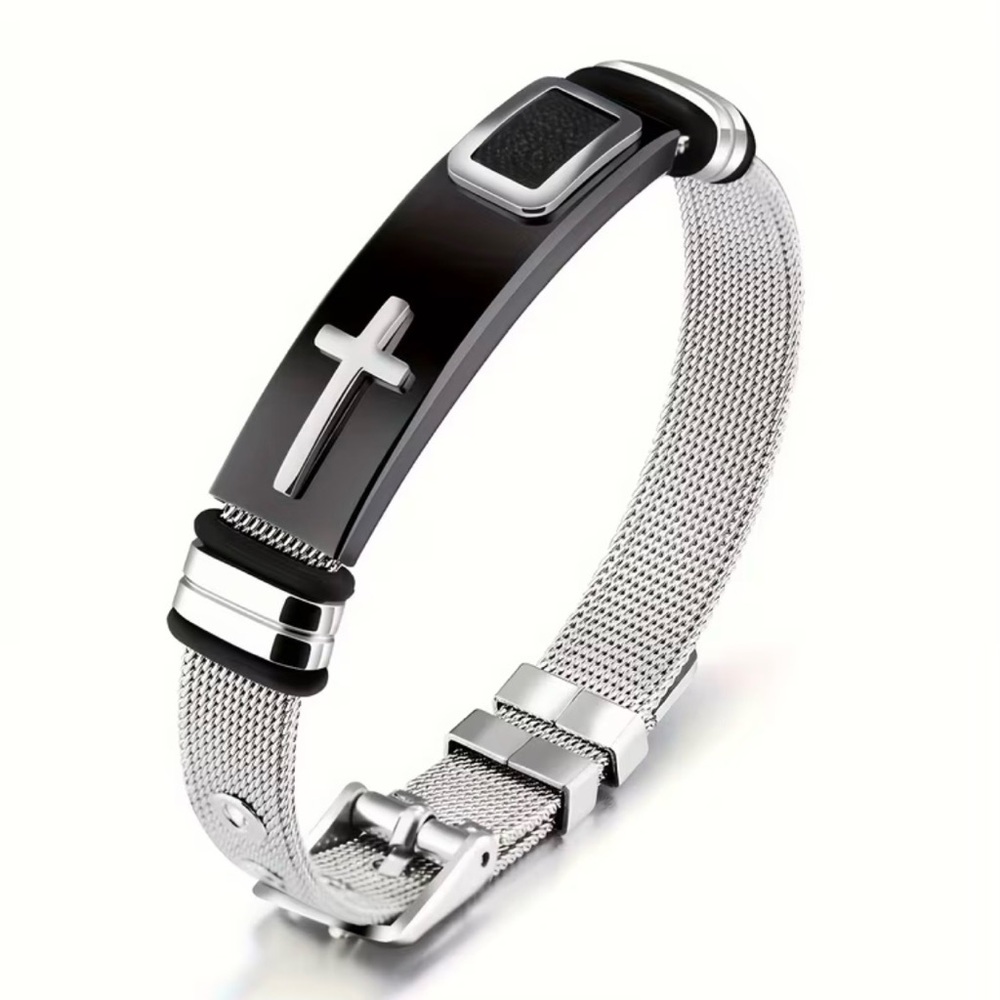 NWT Men’s Stainless Steel Cross Adjustable Mesh Bracelet Christian Silver Black